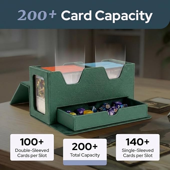 Card Deck Box Fits 200+ Double Sleeved，Commander Deck Box for Magic the Gathering with Dice Tray & Toploader Display,2 Dividers