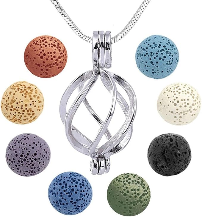 Essential Oil Diffuser Necklace Twisted Ball Aromatherapy Locket Pendant with 8 Lava Stone Balls 0.24'