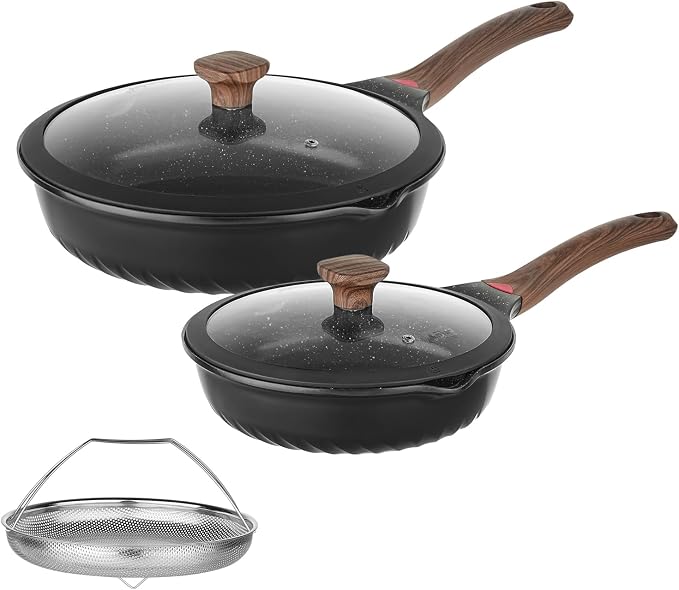 Vinchef 10" & 12" Nonstick Ceramic Frying Pan Set with Lids, 2-Pack | Black German 3C+ toxin-free ceramic PFOA/PTFE-free Induction/gas compatible Heat indicator handles Lightweight die-cast set