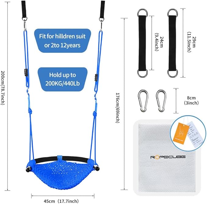 Hand-Knitting Toddler Swing, Swing Seat for Kids with Adjustable Ropes, Little tikes Swings Set, for Outdoor Indoor, Playground, Backyard (Blue)
