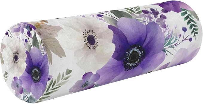 Purple White Lotus Flowers and Berries Neck Roll Pillow Bolster Round Health Memory Foam Long Cervical Cylinder Pillows with Removable Washable Cover for Body Bed Legs Back Yoga