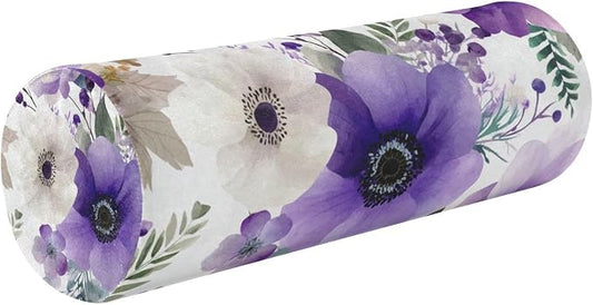 Purple White Lotus Flowers and Berries Neck Roll Pillow Bolster Round Health Memory Foam Long Cervical Cylinder Pillows with Removable Washable Cover for Body Bed Legs Back Yoga