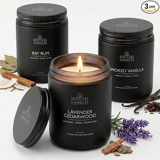 Mens Candle 3 x 8oz Pack Smoked Vanilla Bay Rum and Lavender Cedarwood Scents