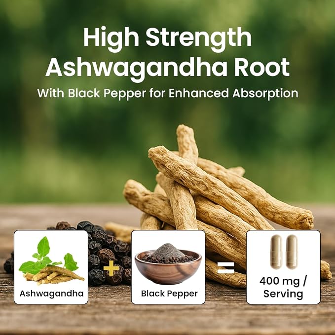 NooMost Organic Ashwagandha 400mg Capsules w/Black Pepper Extract as Vegan Ashwagandha Supplements for Anti Stress Relief, Natural Mood Support, Energy & Focus-60 Capsules