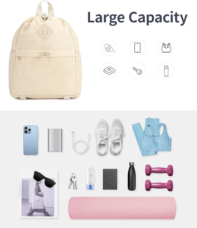 WANDF Drawstring Backpack for Women, Lightweight Gym Bag with Yoga Mat Strap, Water-Resistant String Backpack with Mesh Pocket (Beige, Patent Pending)