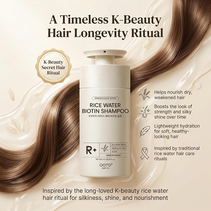 #OOTD Rice Water Biotin Hair Shampoo, 20.29 fl oz | Korean Haircare | Rice water biotin shampoo with Hyaluronic Acid; thickens strands & delivers salon-quality volume & glass hair shine