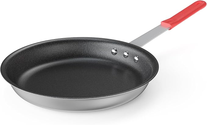 DUMOS 12 Inch Nonstick Frying Pan, Heavy-Gauge Aluminum Skillet with Ceramic Nonstick Coating, Stainless Steel Base & Handle, Omelet Pan for Induction, Electric, Gas, Oven Safe, Red Handle