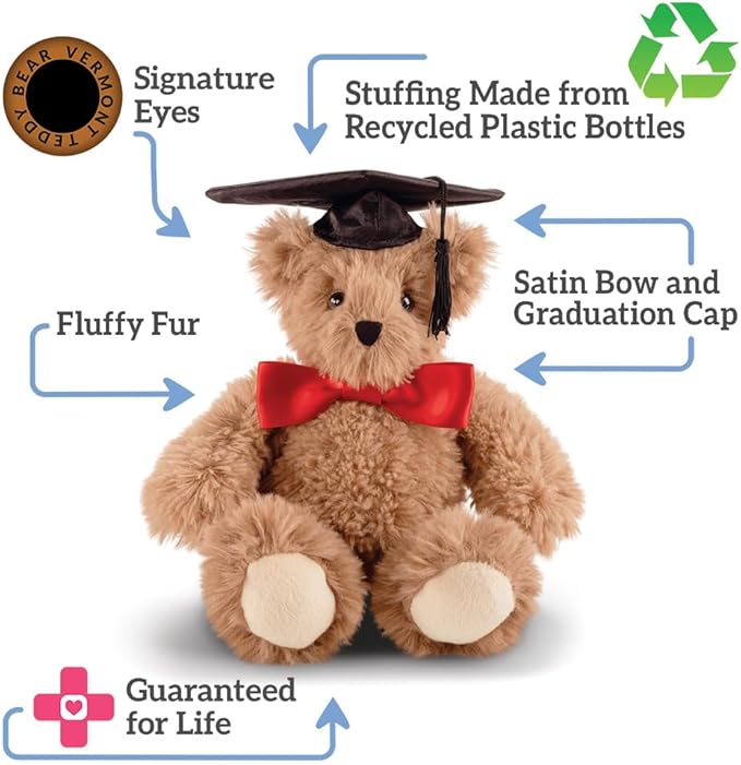 Vermont Teddy Bear Graduation Bear 13 Inches | Graduation Bears Class of 2025 with Black Cap and Red Bow, Designed in USA | Super Soft Collection