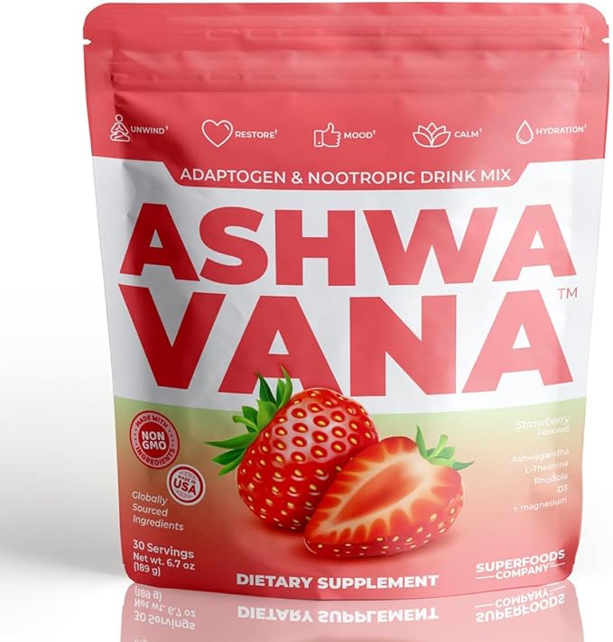 ASHWAVANA Zen Relax Drink Mix - Nootropic, Adaptogen-Infused Ashwagandha Beverage - Rhodiola, Magnesium, L-Theanine - Restore & Unwind - Alcohol Alternative - Strawberry Flavor - 60 Count (Pack of 2)