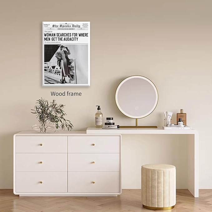 Black and White Newspapers Poster Women Searches For Where Men Get the Audacity Wall Art 16X24 inch Framed Trendy Feminist Canvas Prints for Home Bar Wall Decor
