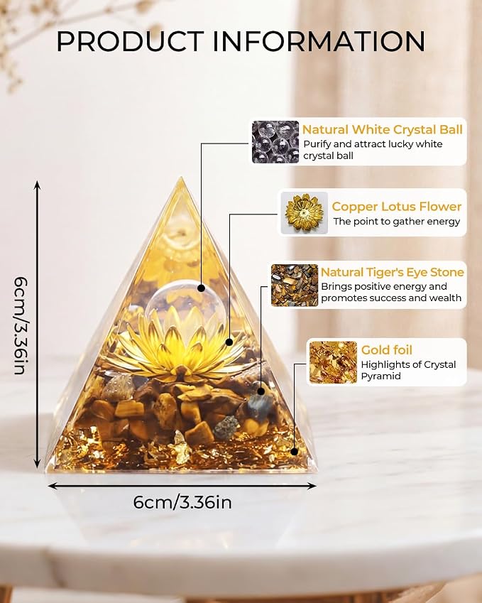 Orgone Pyramid with Healing Crystals - (Flower of Life) - Energy Generator for Positive Vibe, Stress Relief & Chakra Reiki Meditation - Spiritual Gift for Success, Wealth & Prosperity (Golden)