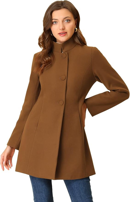 Allegra K Women's Winter Overcoat Mid-Long Stand Collar Single Breasted Coat Outerwear