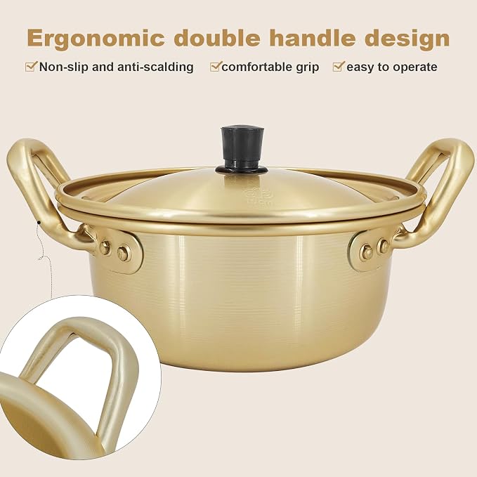 Korean Ramen Pot with Lid - Light Weight Ramen Cooker Pot, Korean Cookware Noodle Pot Fast Heating for Kitchen Cookware, Easy Light Stockpot Soup Pot, Healthy, Sturdy, & Dishwasher Safe (16cm)