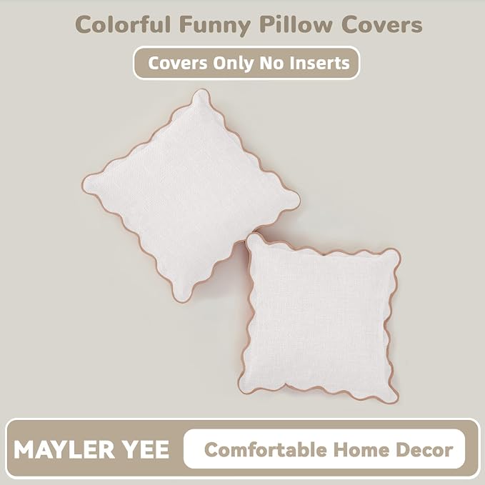 Scalloped Pillow Covers Set of 2 for Living Room | Spring Decorative Sofa Couch Pillows | Boho Sytle Decorative Home | Aesthetic Funky Preppy Pillow Cases (Beige & Brown, 16x16 Inch)