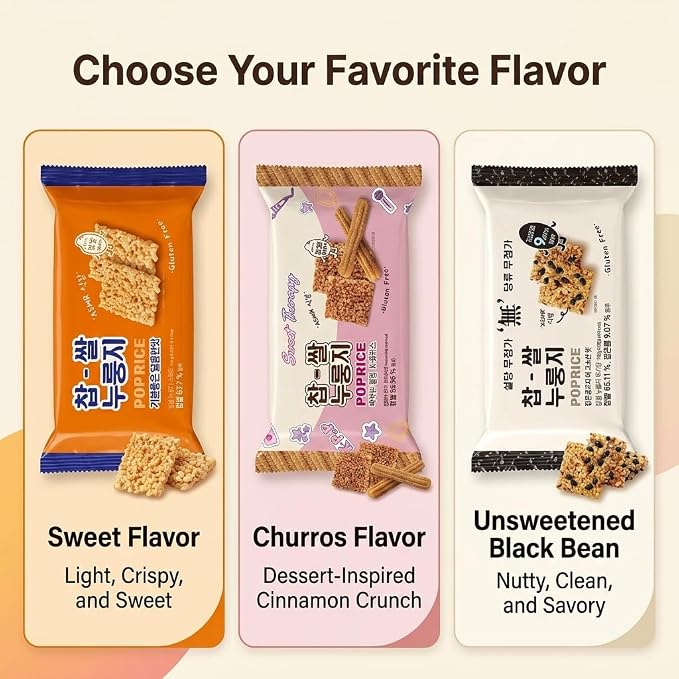 Korean Crunchy Baked Seaweed Rice Crackers (3Flavor Mix Pop Rice 10.4oz) | Crunchy baked korean crackers & pop rice; alternative to japanese rice crackers; traditional crispy nurungji snack packs