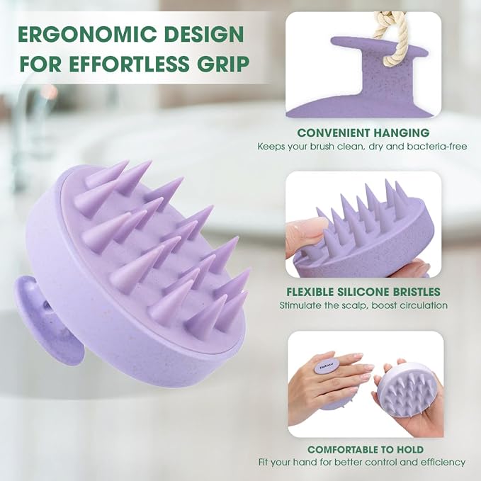 Scalp Massager Brush for Hair Growth – Silicone Scalp Scrubber & Scalp Exfoliator – Manual Scalp Massager Brush for Wet or Dry Use – Hair Massager Scalp Shampoo Brush Tool (Purple)