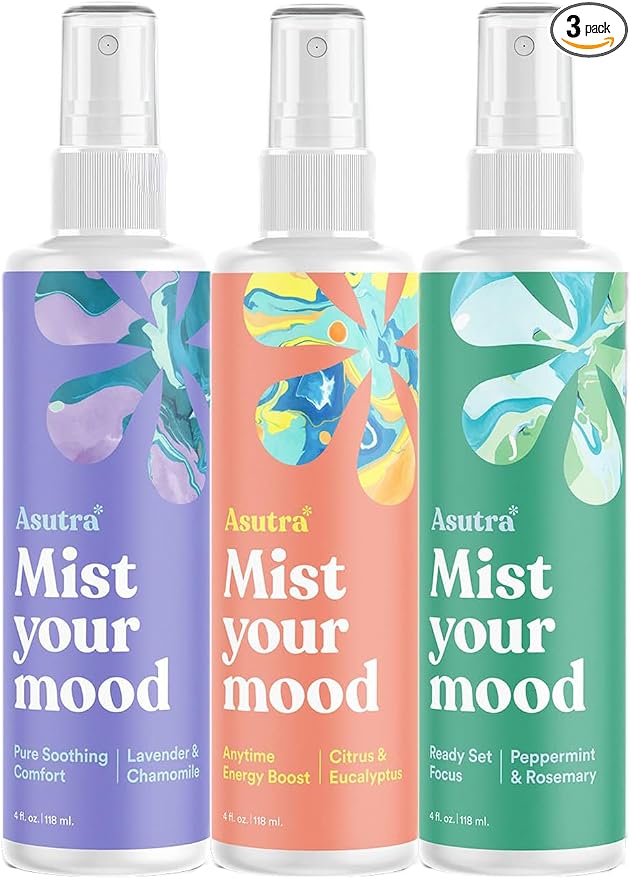 Asutra Multi-Use Natural Aromatherapy Essential Oil Room Spray, Calming Linen & Pillow Mist, 3 Scent Variety Pack for Sleep & Bed, 4 fl oz