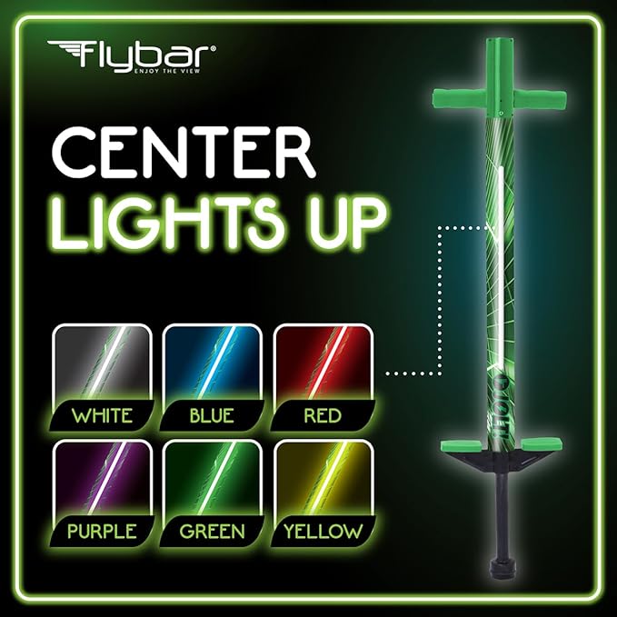 Flybar Jolt Pogo Stick for Kids, Perfect for Beginners w/Foam-Covered Metal Frame, Handles & Padding, Non-Slip Foot Pads, Wide Tip, Outdoor Active Play Toy for Boys & Girls, Ages 6+, Lime Leaper LED