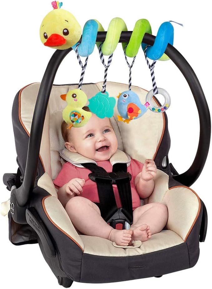 Baby car seat Toys, Activity Spiral hangings pram Toys, Plush Crib Toys with Squeaky for boy or Girl (Duck)