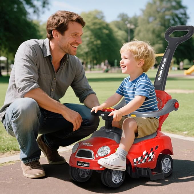 ChromeWheels 3 in 1 Ride on Push Car for Toddlers with Removable Handle/Guardrails/Pedal, Horn, Music, Under Seat Storage (Red)