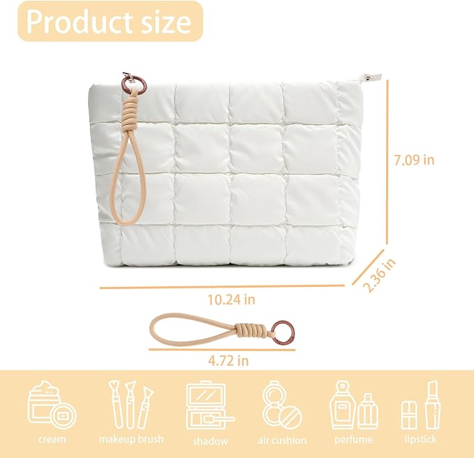 Puffer Quilted Makeup Bag Travel Cosmetic Bag Portable Puffy Checkered Toiletry Pouch Skincare Organizer Purse Pencil Case (White)