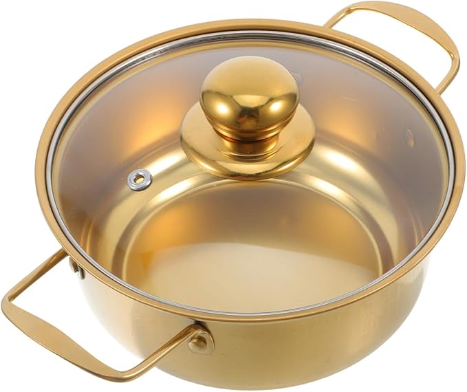 1 PCS Korean Ramen Pot, Stainless Steel Induction Cooking Pot with Glass Lid, Golden Soup Noodle Pan with Dual Handles, Metal Small Saucepan for Boiling Ramyun, Broth for Home Kitchen
