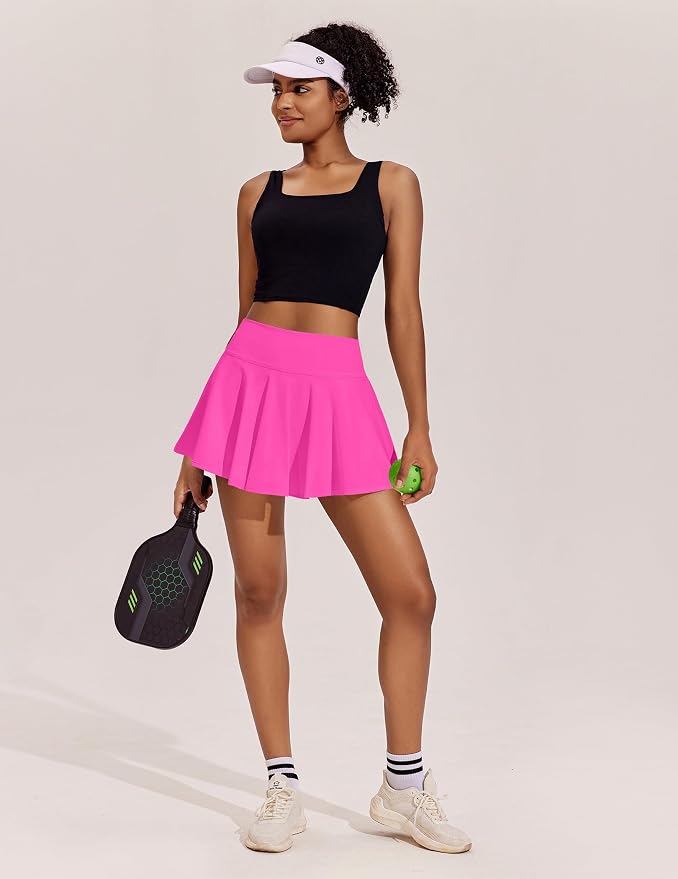 PINSPARK Womens Tennis Skirt 14" Pleated Athletic Golf Skorts with Pockets | High Waist, Tummy Control, Mini, Breathable, Lightweight, Soft, Built in Shorts, Pickleball, Casual
