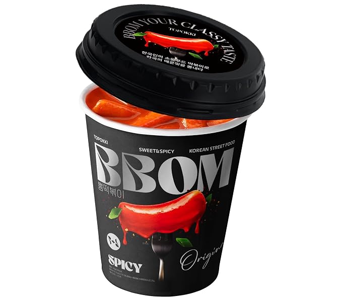 BBOM Cup Tteokbokki, Korean Rice Cake, Ready-to-Eat Microwave Meal, Chewy & Soft Texture, Easy K-Food Snack – Spicy/SpicyRose/Extreme Hot_1 Cup (Spicy)