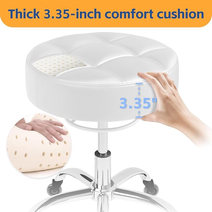 Rolling Stool Heavy Duty 400lb: Super Soft Seat Cushion,360° Swive,Height Adjustability,No Squeaky Noises,No Tip Over,New Upgraded Stool Salon stool Chair, Tattoo Facial Massage Spa Medical (White)