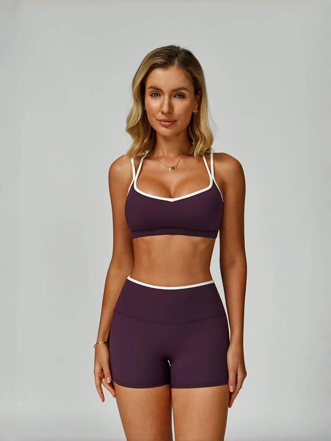 ABOCIW Workout Sets for Women 2 Piece Color Block Strappy Sports Bra High Waist Shorts Gym Yoga Pilates Outfits