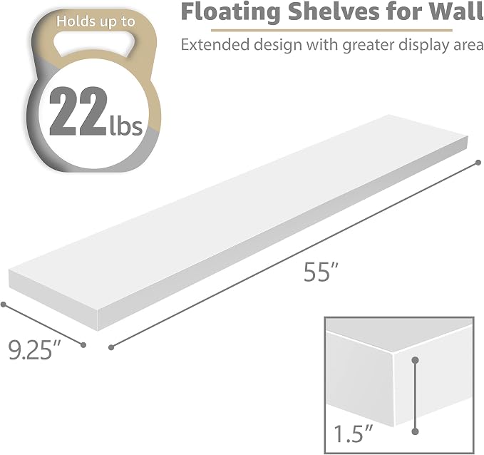 Sorbus Floating Shelves for Wall - 55 Inch Extra-Long Bathroom Shelves, Wall Decor for Bedroom, Kitchen, Living Room, Book Storage - Mounted Floating Shelf with Hidden Brackets (White, 3 Pack)