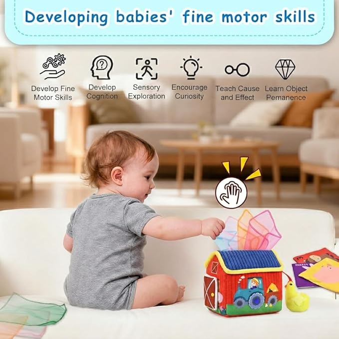 weirtoya Baby Tissue Box Toy-Montessori Sensory Activity Center for 6-18 Months,Farm Animals, Squeaky Sounds, Safety Mirror Play Silks, Top Choice for Baby Registry, Easter Baskets & Birthday Gifts