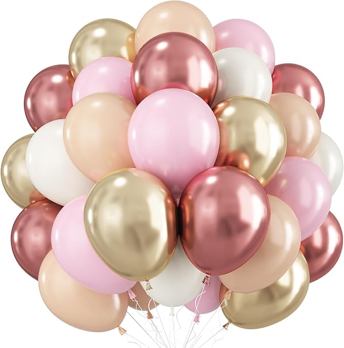 Rose Gold and Pink Balloons, 60PCS Baby Pink Apricot Ivory White Balloon 12Inch Metallic Chrome Gold Rose Gold Balloon Beige Blush Nude Balloon for Boho Wedding Bridal Baby Shower Birthday Decorations