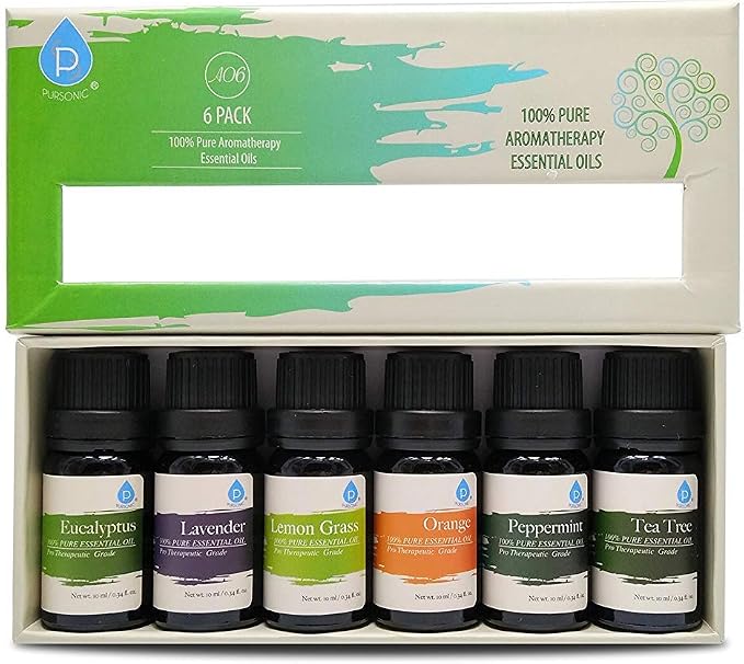Pursonic Essential Oils Set - Top 6 Aromatherapy Blends Gift Set - 10ml 100% Pure Essential Oils for Diffusers, Home, Massage, & Bath (Eucalyptus,Lavender,Lemongrass,Orange,Peppermint,Tea Tree)
