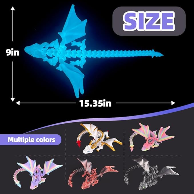 3D Printed Dragon with Wings,3D Printed Animals Toys, Fidget Dragon Toys, Flexible Articulated Winged Crystal Dragon Model,Desktop Pet Deco (Luminous-Blue)