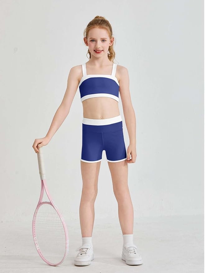 Haloumoning Girls 2 Piece Outfits Athletic Color Block Training Bra and High Waisted Shorts Clothing Sets 5-14Y
