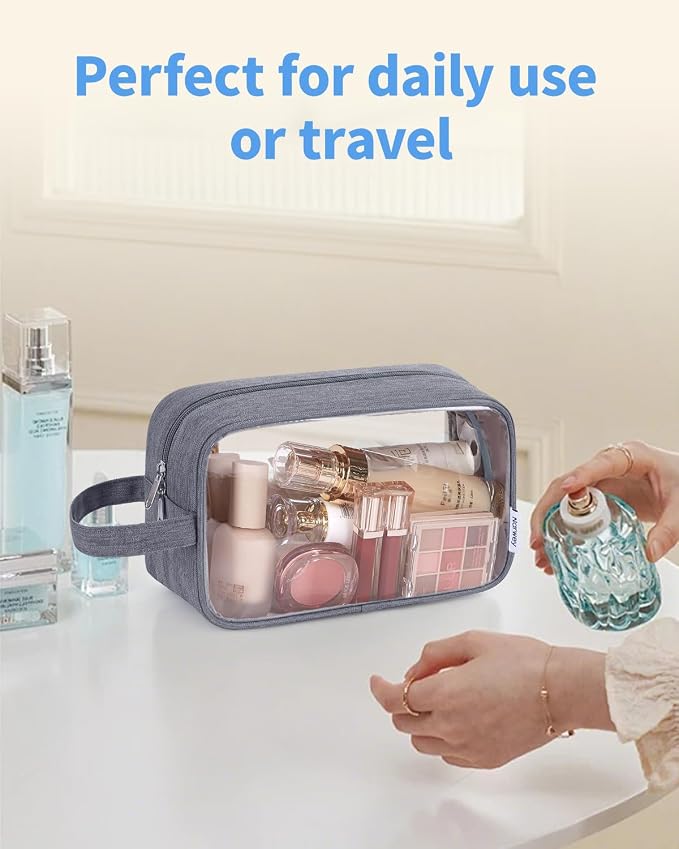 Narwey Clear Travel Toiletry Bags for Traveling Toiletries Men Women, Clear Makeup Bag Cosmetic Bag with Zipper, Make Up Pouch Organizer Bag with Handle, Skincare Beach Snack Medicine Bag, Grey