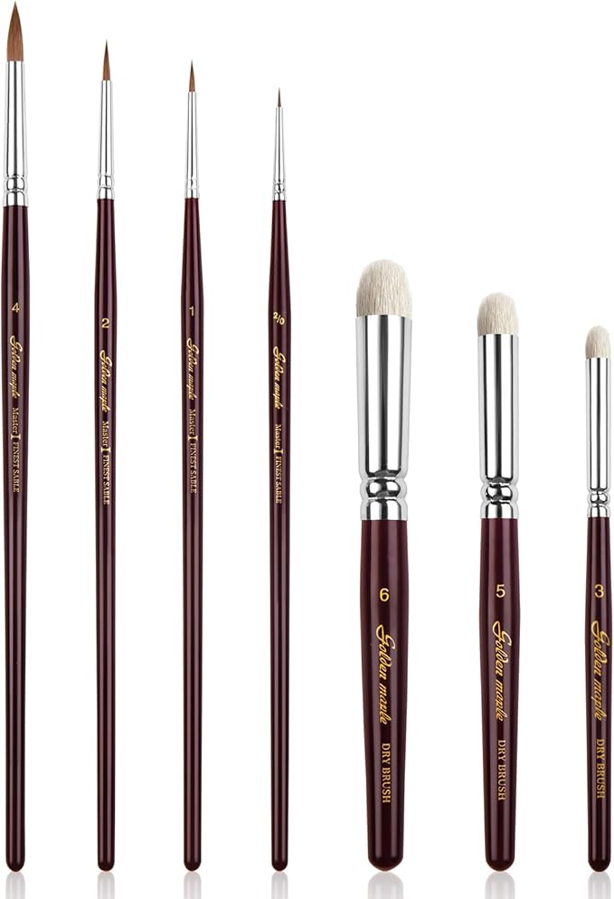 Kolinsky Sable Miniature Brushes Drybrushes for Miniature Set 7 pcs Paint Brushes for Miniature Oil Acrylics Model Paint Brushes #3, 5, 6