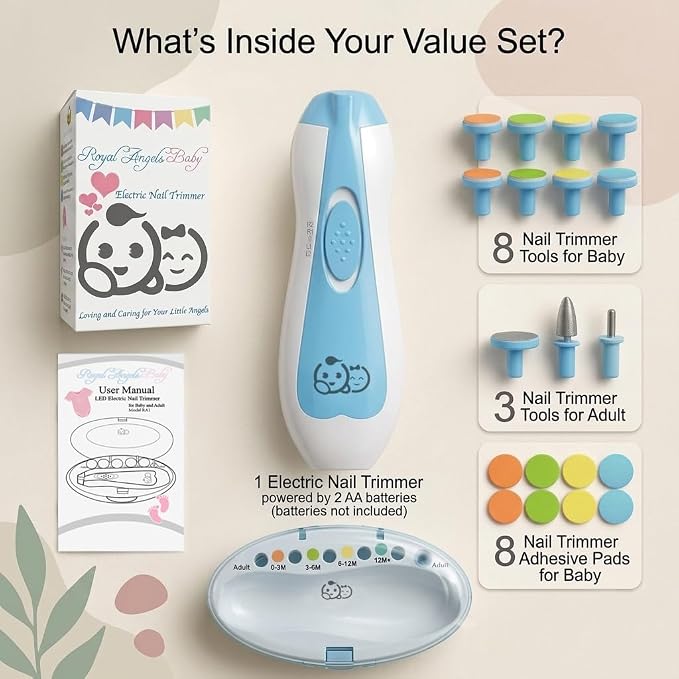 Royal Angels Upgraded 21 in 1 Baby Nail Trimmer with Labeled Case, 13 Extra Replacement Pads, Safe Electric Baby Nail File Kit for Newborns & Toddlers, Whisper Quiet Nail Clipper with LED Light (Blue)