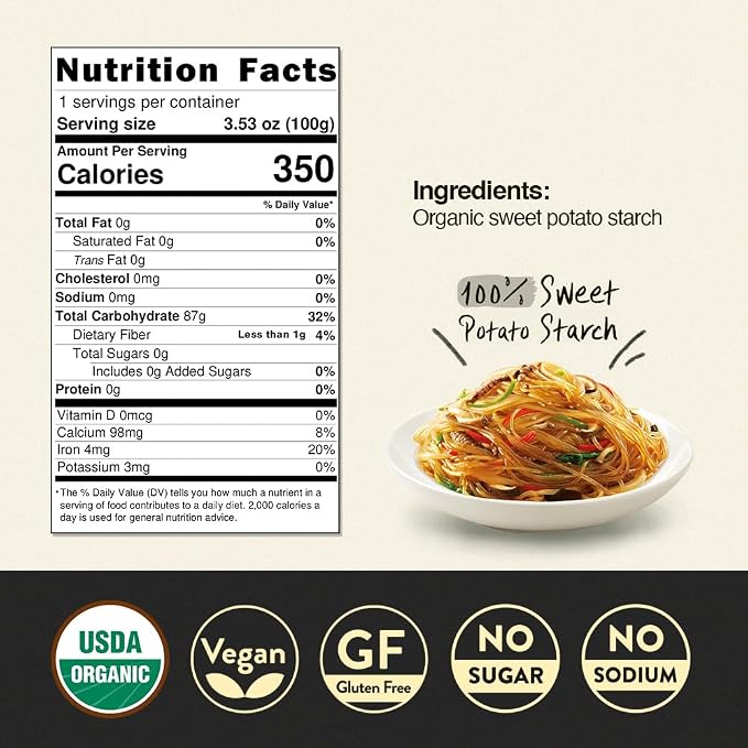 Chung Jung One Korean Sweet Potato Glass Noodle, Non GMO (Gluten Free), Vegan, No Sodium, No Sugar 3.5oz (100g), 4 PACK