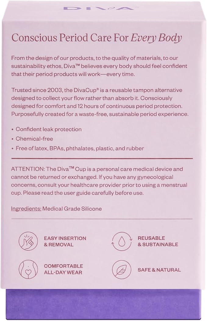 DIVA Cup & Shaker - Medical Grade Silicone Cup for Period Care - Reusable Menstrual Cup with Shaker for On-The-Go Cleansing - Wear Up to 12 Hours - Model 1 (for Medium to Heavy Flow)