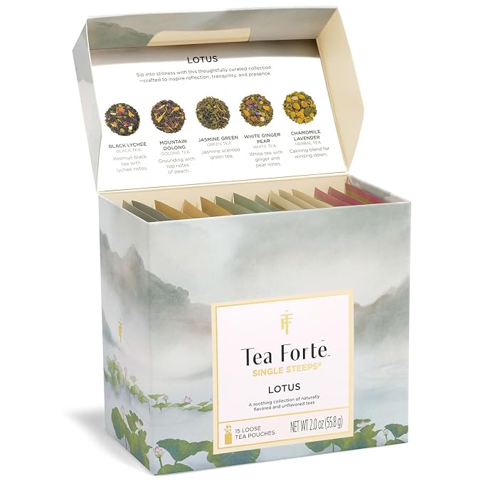 Tea Forte Single Steeps Loose Leaf Tea Sampler, Assorted Variety Tea Box, 15 Single Serve Pouches, Lotus