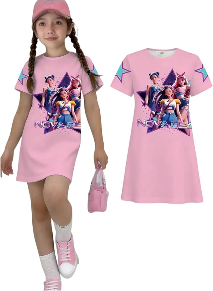Girl's Anime K-POP Graphic Long Dress T-Shirt - Casual Loose Fit Short Sleeve Top