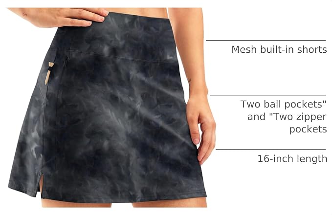 16" Golf Skirt with 2 Zipper Pockets | Tee Holder, Mesh Shorts, High Waisted, Casual, Pickleball, Athletic, Tennis, Skorts for Women