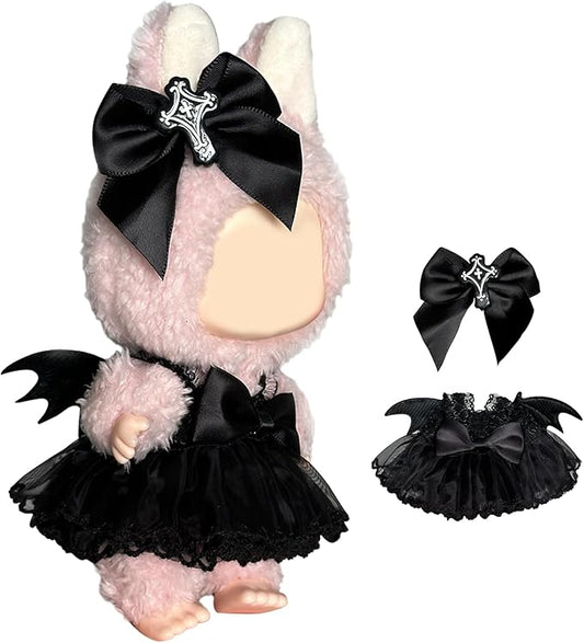 Black Devil Mini Skirt Outfit for 17cm Dolls, Cute Gothic Costume Set with Wings & Hair Clip, Elegant Doll Clothes for Photography & Display