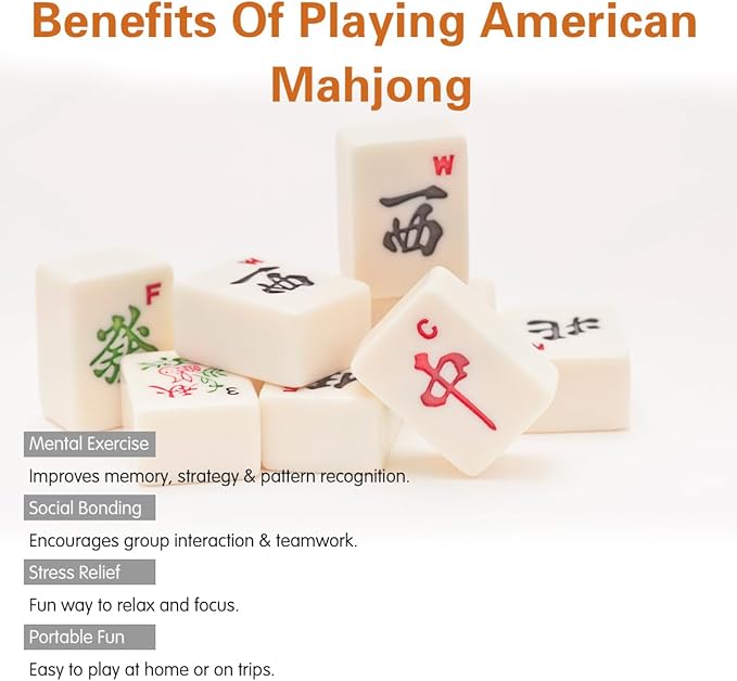 American Mahjong Set - 166 Premium White Tiles with 4 All-in-One Racks & Pushers, 3 Dices, 100 Chips, Wind Indicator & English Manual - Gift for Men Women, Classic Mah-Jong Set in Carrying Bag
