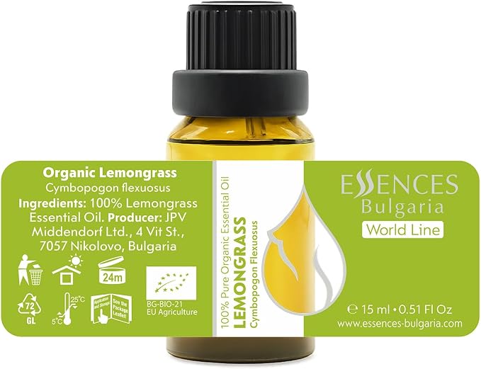 Essences Bulgaria Organic Lemongrass Essential Oil 0.51 Fl Oz | 15ml | Cymbopogon flexuosus | 100% Pure | Natural | Undiluted | Therapeutic Grade | Aromatherapy | Cosmetics | Cruelty Free | Vegan