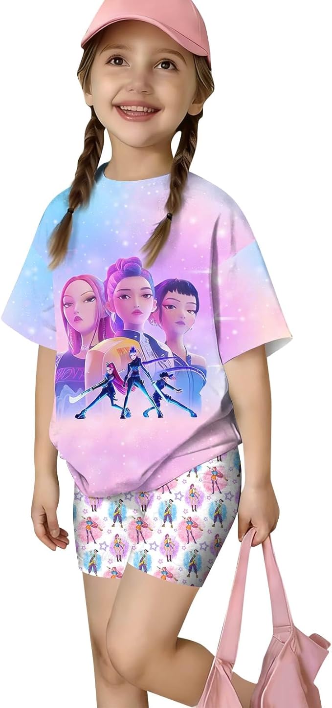 K-POP DEM0N Hunters Outfits for Girls, 2 Piece T-Shirts and Apparel Sets Birthday Gift