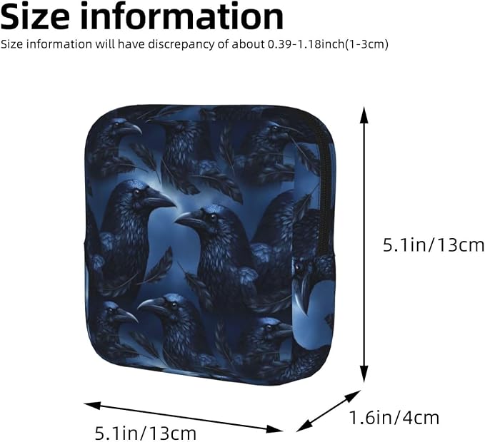Multifunctional Storage Pouch with Zipper, Black Crow Raven Bird Art Art, Polyester Period Bag Stores Menstrual Cup Nursing Pad Cosmetic Keys