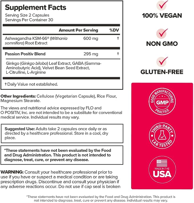 O Positiv URO Vaginal Moisture & Mood – Formulated to Support Vaginal Moisture, Mood & Relaxation – with KSM-66® Ashwagandha, Ginkgo Biloba, Mucuna pruriens, and GABA – 30 Servings (2-Pack)